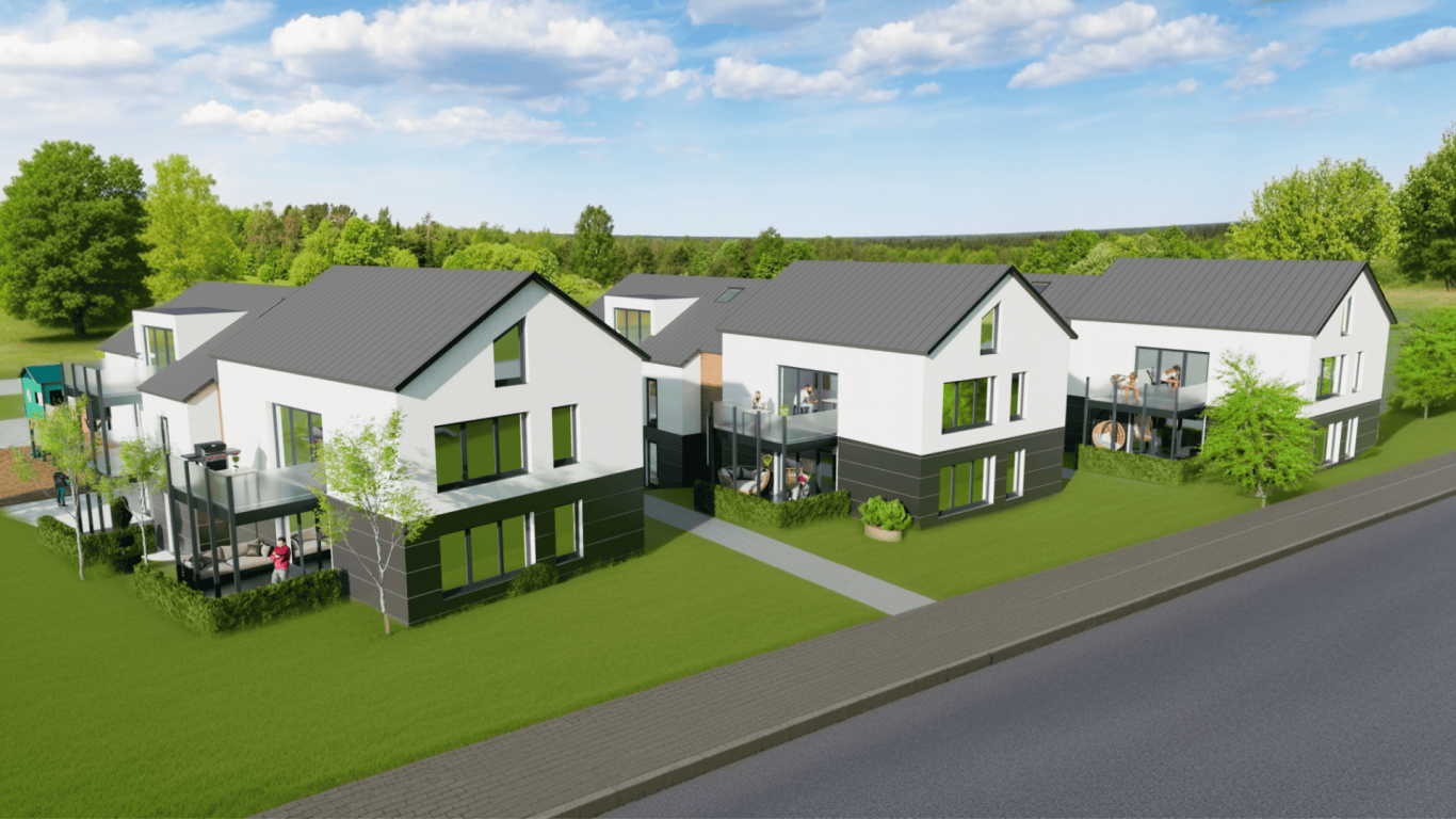 Wohnlage Mehrfamilienhäuser - Bergebau Moderne Wohnhäuser mit Gärten in einer ruhigen Umgebung. Weiterer grüner Raum im Hintergrund.