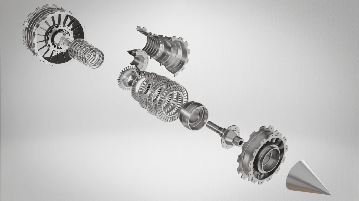 Explosionsansicht Turbine Ein 3D-Modell eines mechanischen Antriebs mit Zahnrädern und Federn.