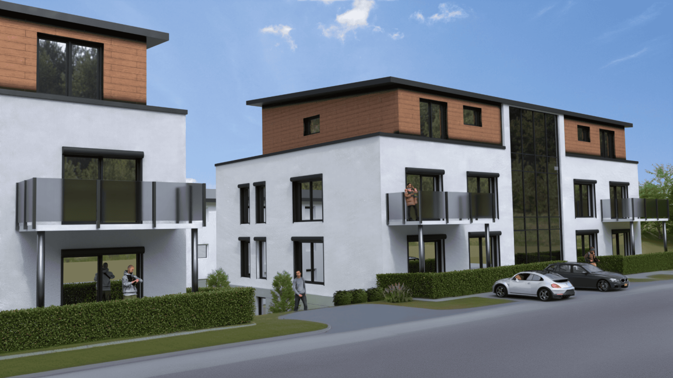 Mehrfamilienhäuser - Güntherbau Moderne Wohnanlage mit weißen Gebäuden und Holzverkleidung, umgeben von Grünflächen.