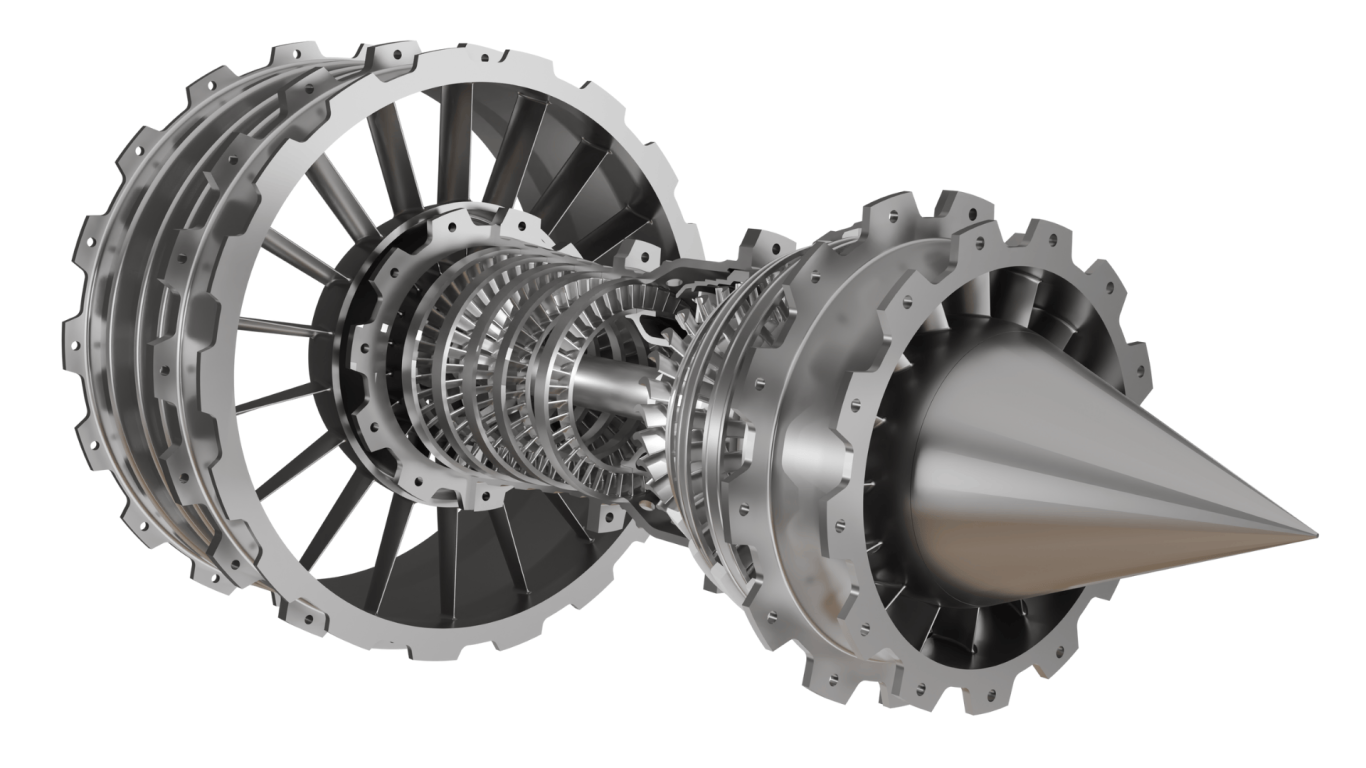 Turbine Zusammengebaut Turbojet-Triebwerk mit metallischen Komponenten und konischer Vorderseite.